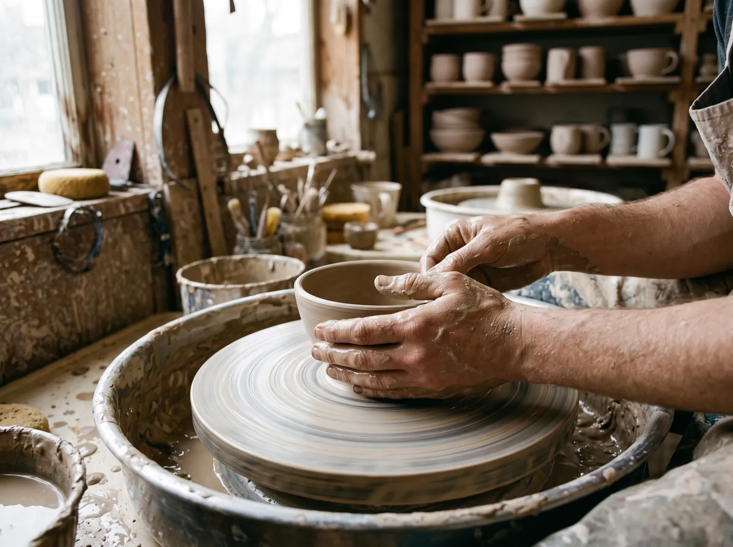 A craftsperson's hands shaping a clay bowl on a potter's wheel in a small workshop with shelves of drying pots