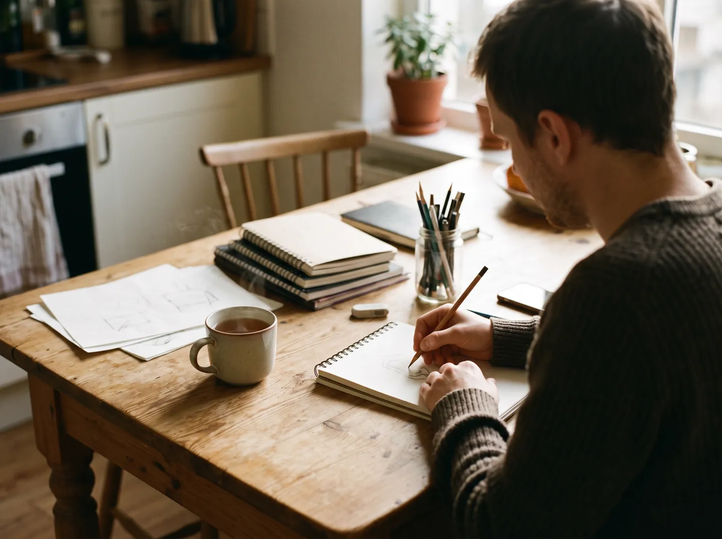 A person seen from behind sketching at a kitchen table set up as a home workspace, with a mug and notebooks beside them