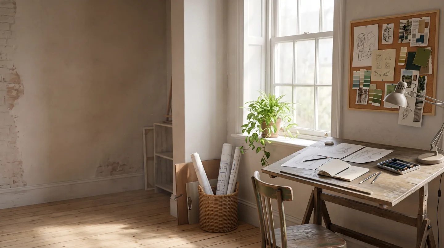 A bright small studio by a tall window, with sketches pinned to a cork board, a drawing table and rolls of paper